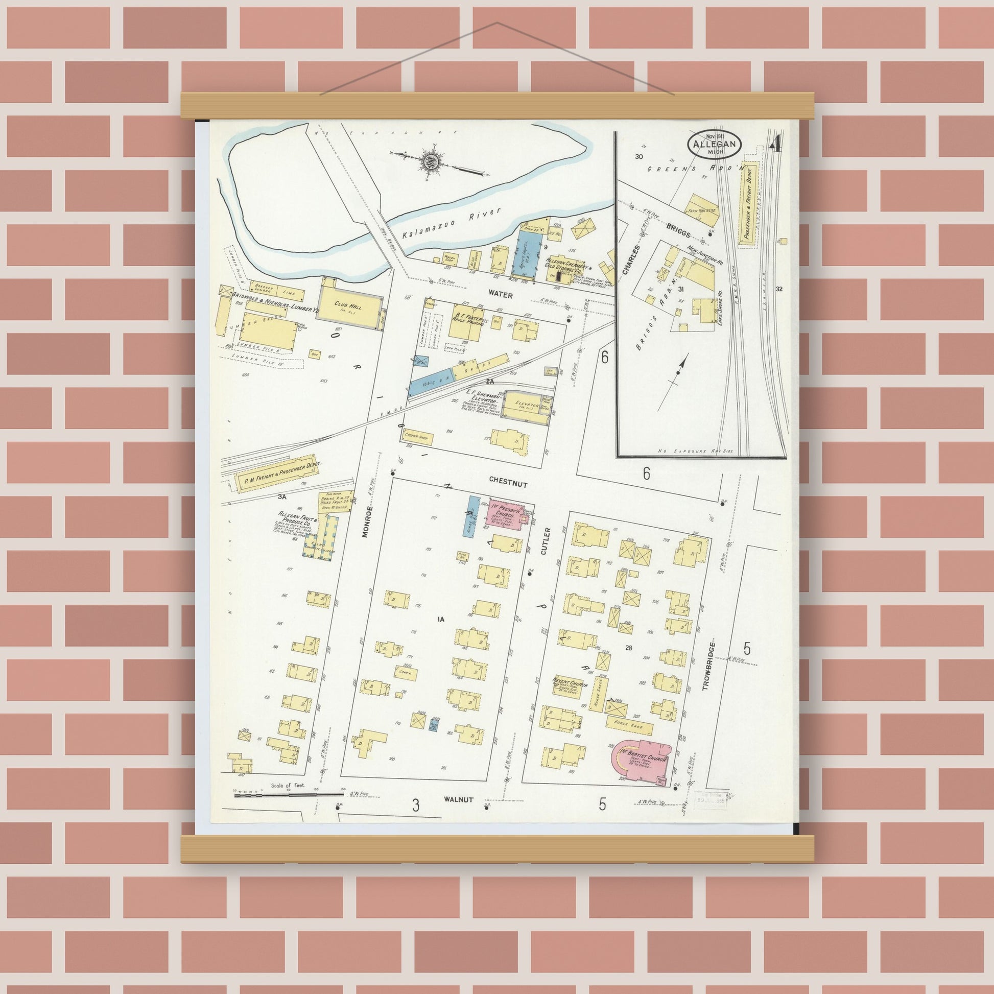 Old map wall art mockup — magnetic wood frame on brick wall — Sanborn Fire Insurance Map from Allegan, Allegan County, Michigan (1911), Sheet #0004