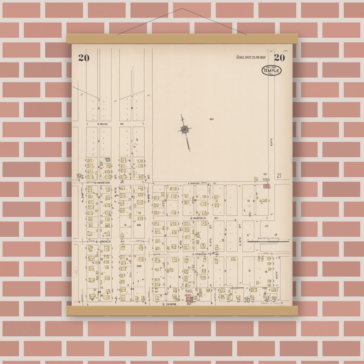 Old map wall art mockup — magnetic wood frame on brick wall — Sanborn Fire Insurance Map from Temple, Bell County, Texas (1922), Sheet #0020