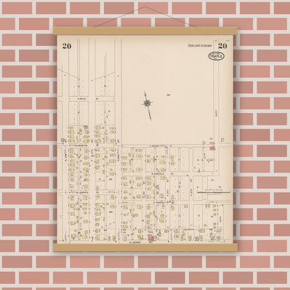 Old map wall art mockup — magnetic wood frame on brick wall — Sanborn Fire Insurance Map from Temple, Bell County, Texas (1922), Sheet #0020