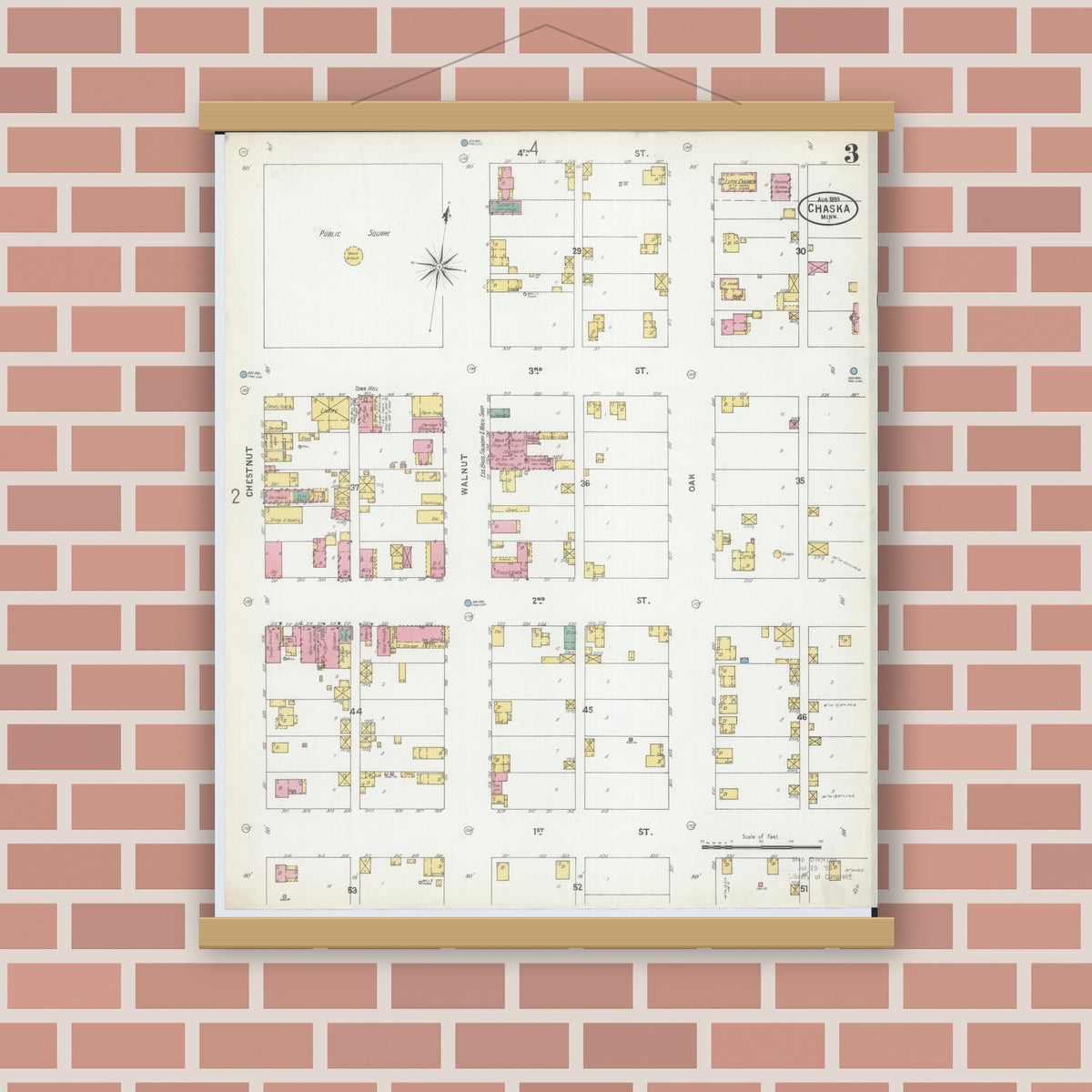 Old map wall art mockup — magnetic wood frame on brick wall — Sanborn Fire Insurance Map from Chaska, Carver County, Minnesota (1899), Sheet #0003