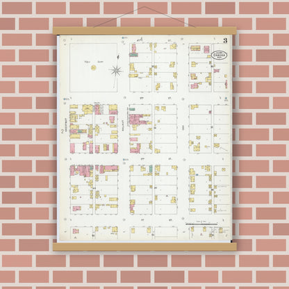 Old map wall art mockup — magnetic wood frame on brick wall — Sanborn Fire Insurance Map from Chaska, Carver County, Minnesota (1899), Sheet #0003