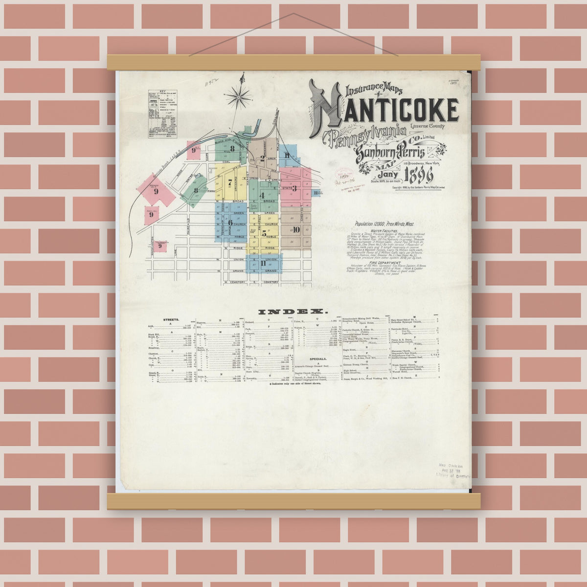 Old map wall art mockup — magnetic wood frame on brick wall — Sanborn Fire Insurance Map from Nanticoke, Luzerne County, Pennsylvania (1896) - Complete Map Set