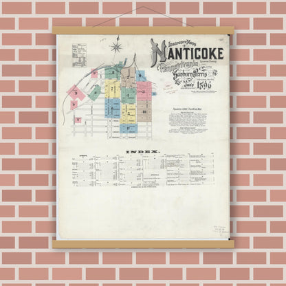 Old map wall art mockup — magnetic wood frame on brick wall — Sanborn Fire Insurance Map from Nanticoke, Luzerne County, Pennsylvania (1896) - Complete Map Set