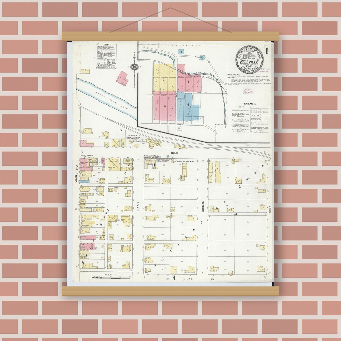 Old map wall art mockup — magnetic wood frame on brick wall — Sanborn Fire Insurance Map from Bellville, Richland County, Ohio (1910), Sheet #0001