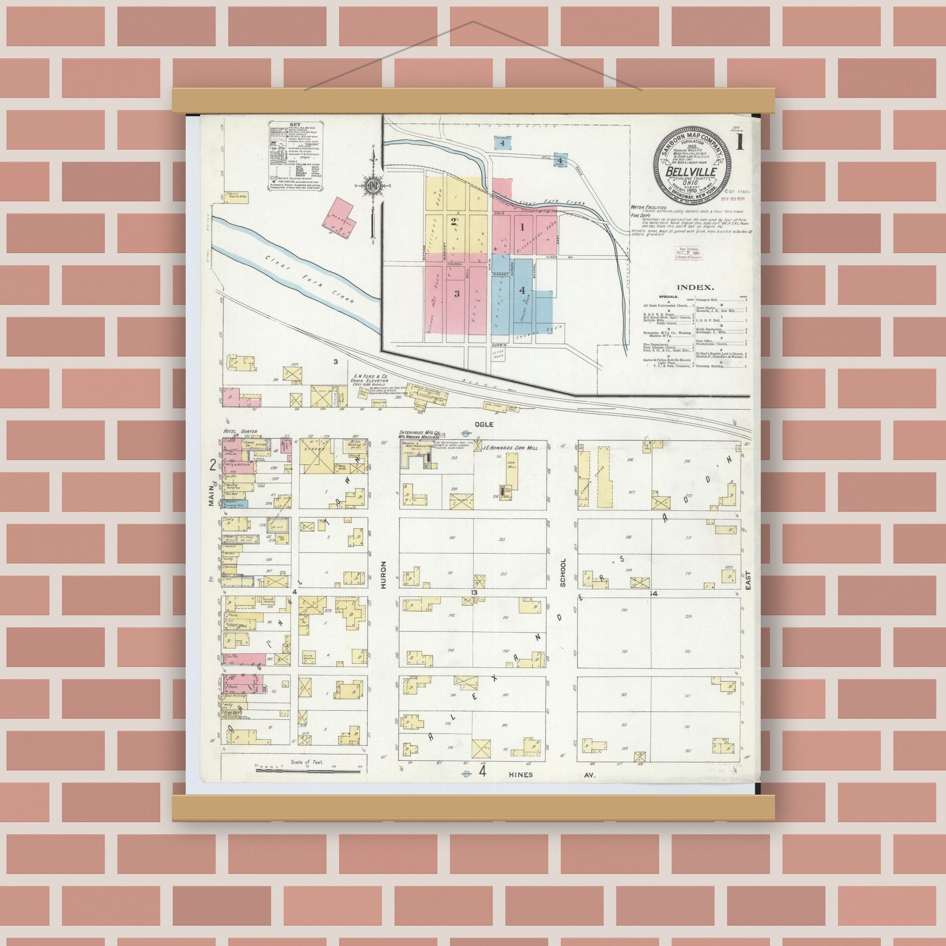 Old map wall art mockup — magnetic wood frame on brick wall — Sanborn Fire Insurance Map from Bellville, Richland County, Ohio (1910), Sheet #0001
