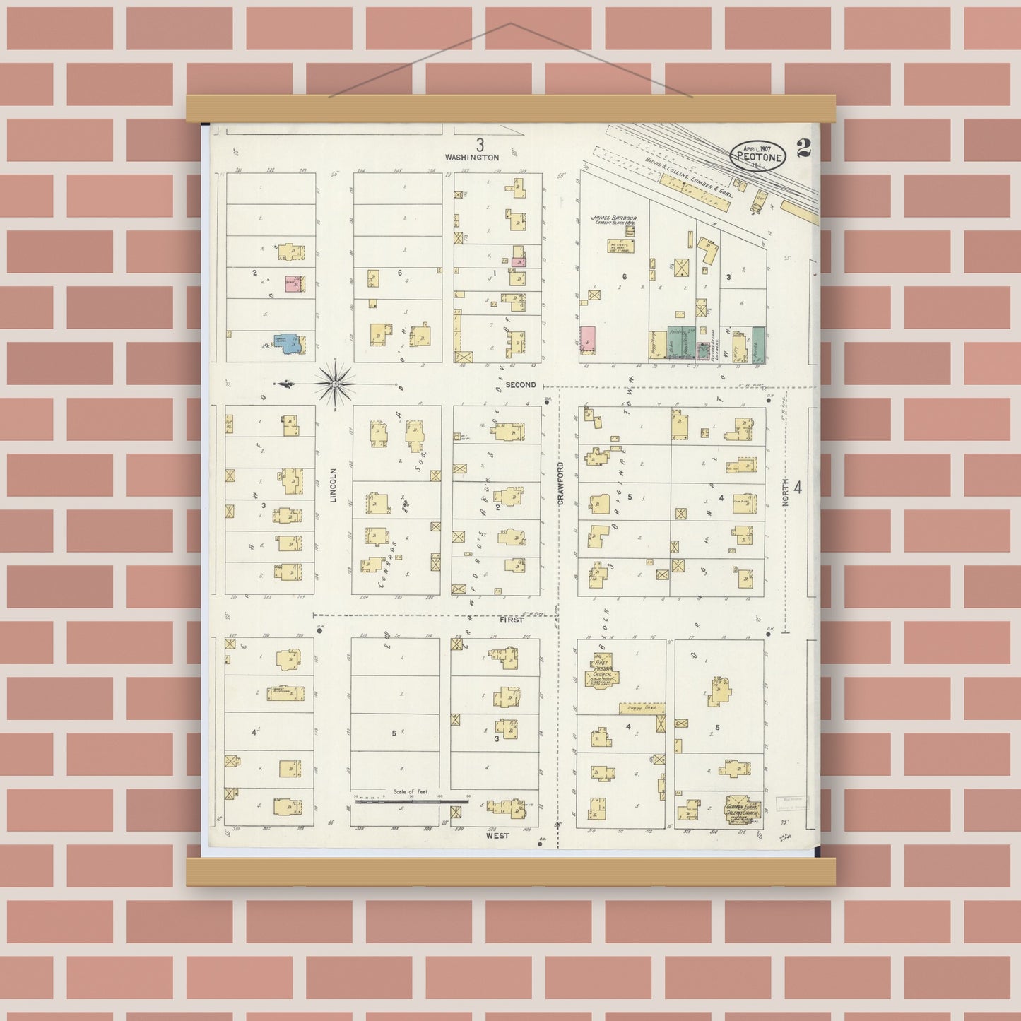 Old map wall art mockup — magnetic wood frame on brick wall — Sanborn Fire Insurance Map from Peotone, Will County, Illinois (1907), Sheet #0002