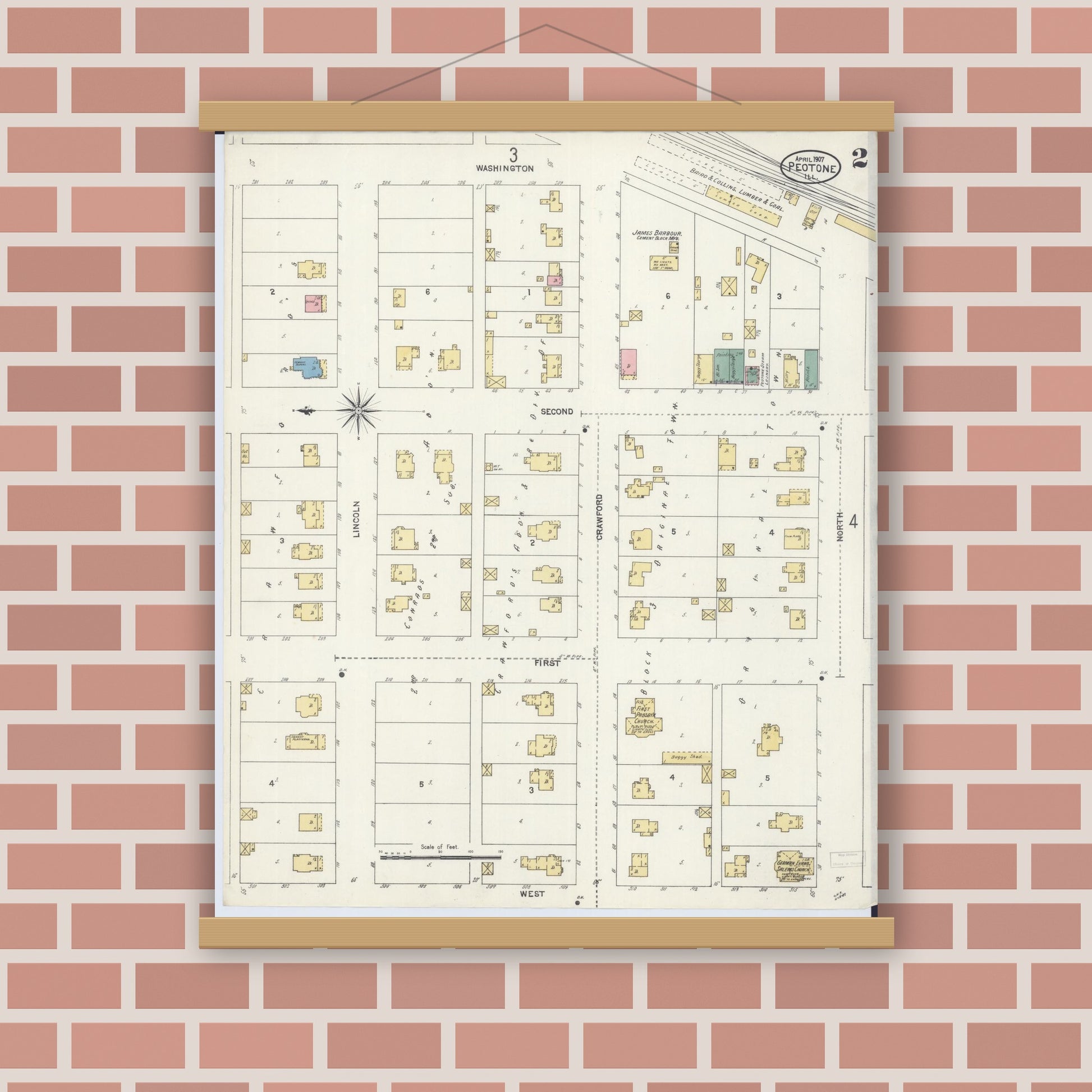 Old map wall art mockup — magnetic wood frame on brick wall — Sanborn Fire Insurance Map from Peotone, Will County, Illinois (1907), Sheet #0002