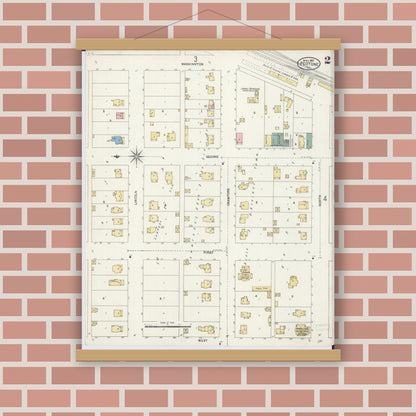 Old map wall art mockup — magnetic wood frame on brick wall — Sanborn Fire Insurance Map from Peotone, Will County, Illinois (1907), Sheet #0002