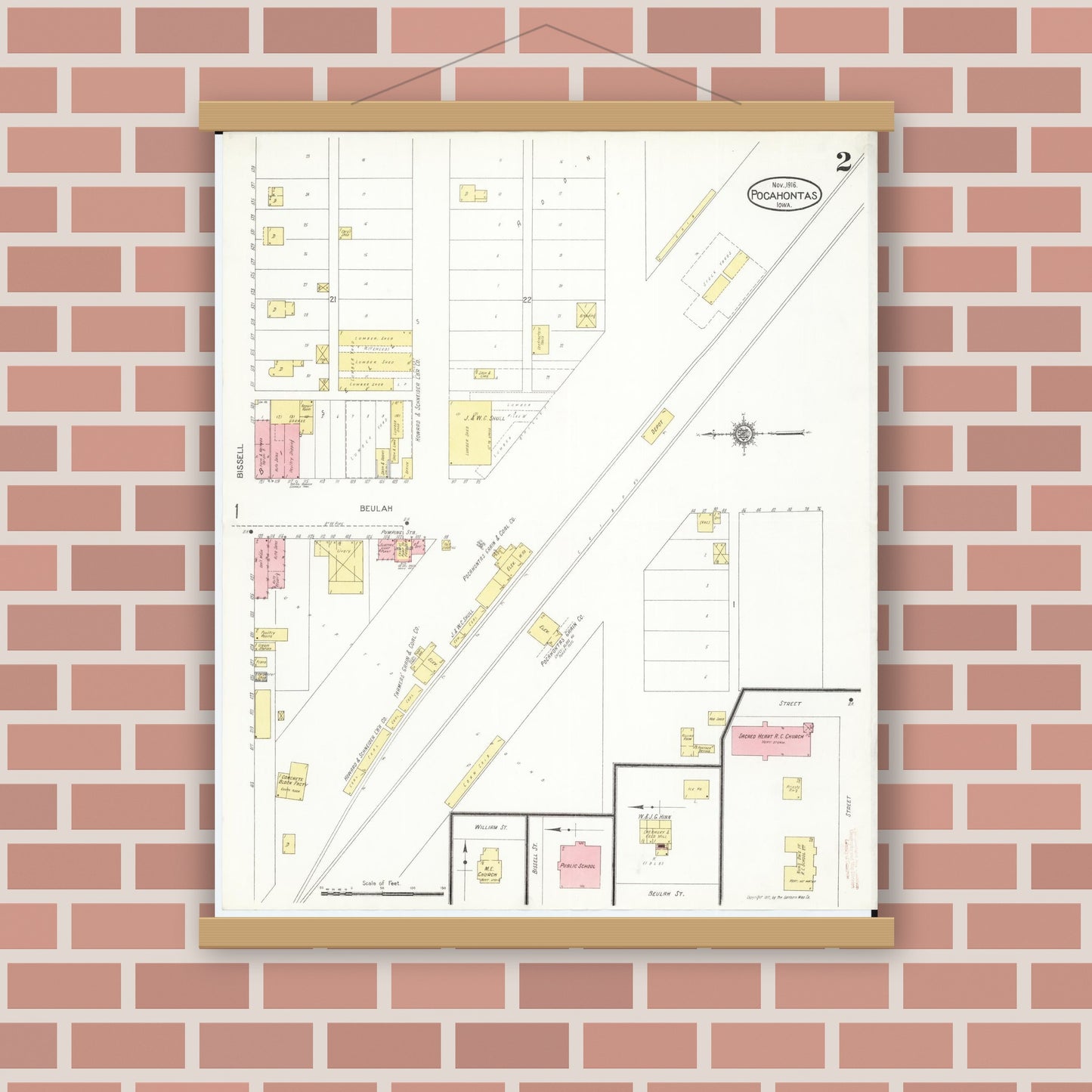 Old map wall art mockup — magnetic wood frame on brick wall — Sanborn Fire Insurance Map from Pocahontas, Pocahontas County, Iowa (1916), Sheet #0002