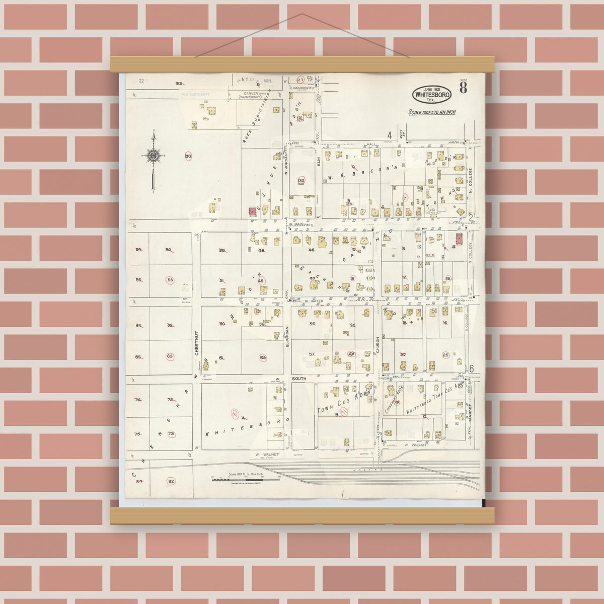 Old map wall art mockup — magnetic wood frame on brick wall — Sanborn Fire Insurance Map from Whitesboro, Grayson County, Texas (1943), Sheet #0008