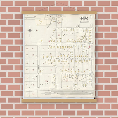 Old map wall art mockup — magnetic wood frame on brick wall — Sanborn Fire Insurance Map from Whitesboro, Grayson County, Texas (1943), Sheet #0008