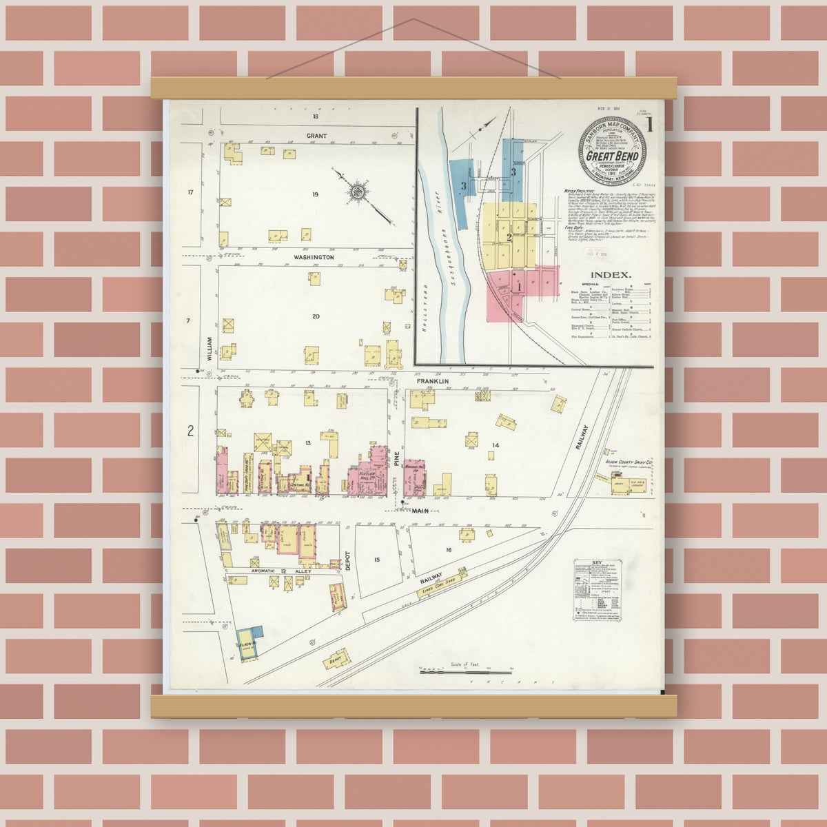 Old map wall art mockup — magnetic wood frame on brick wall — Sanborn Fire Insurance Map from Great Bend, Susquehanna County, Pennsylvania (1911) - Complete Map Set