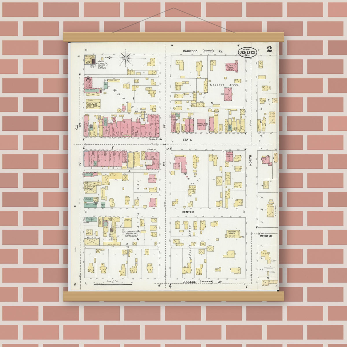 Old map wall art mockup — magnetic wood frame on brick wall — Sanborn Fire Insurance Map from Geneseo, Henry County, Illinois (1901), Sheet #0002