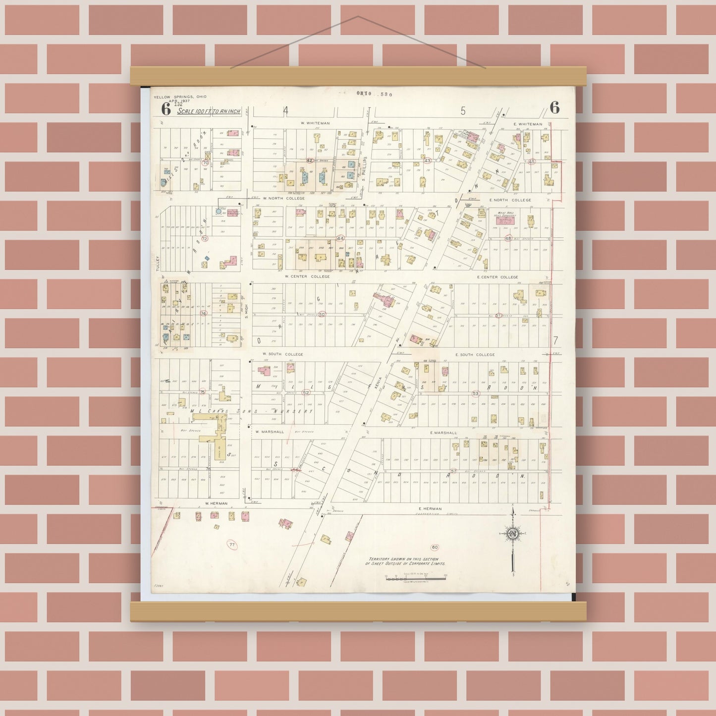 Old map wall art mockup — magnetic wood frame on brick wall — Sanborn Fire Insurance Map from Yellow Springs, Greene County, Ohio (1945), Sheet #0006