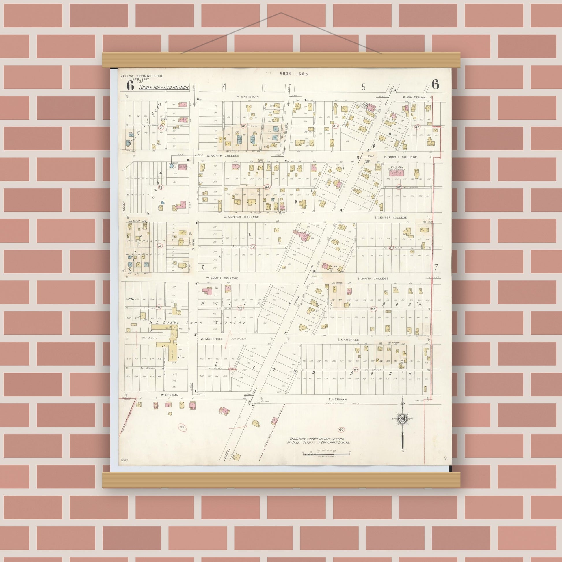 Old map wall art mockup — magnetic wood frame on brick wall — Sanborn Fire Insurance Map from Yellow Springs, Greene County, Ohio (1945), Sheet #0006