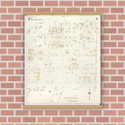 Old map wall art mockup — magnetic wood frame on brick wall — Sanborn Fire Insurance Map from Yellow Springs, Greene County, Ohio (1945), Sheet #0006