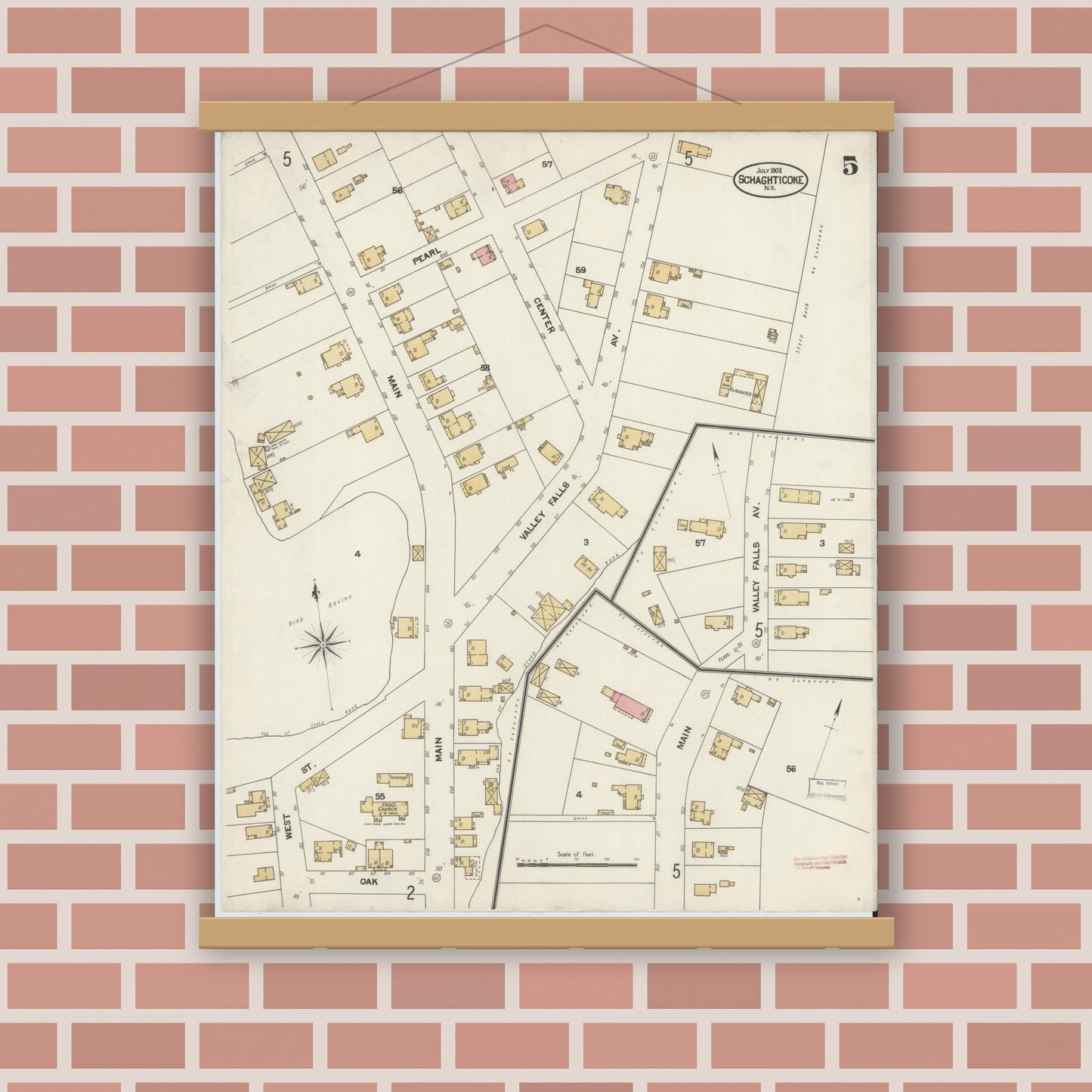Old map wall art mockup — magnetic wood frame on brick wall — Sanborn Fire Insurance Map from Schaghticoke, Rensselaer County, New York (1902), Sheet #0005