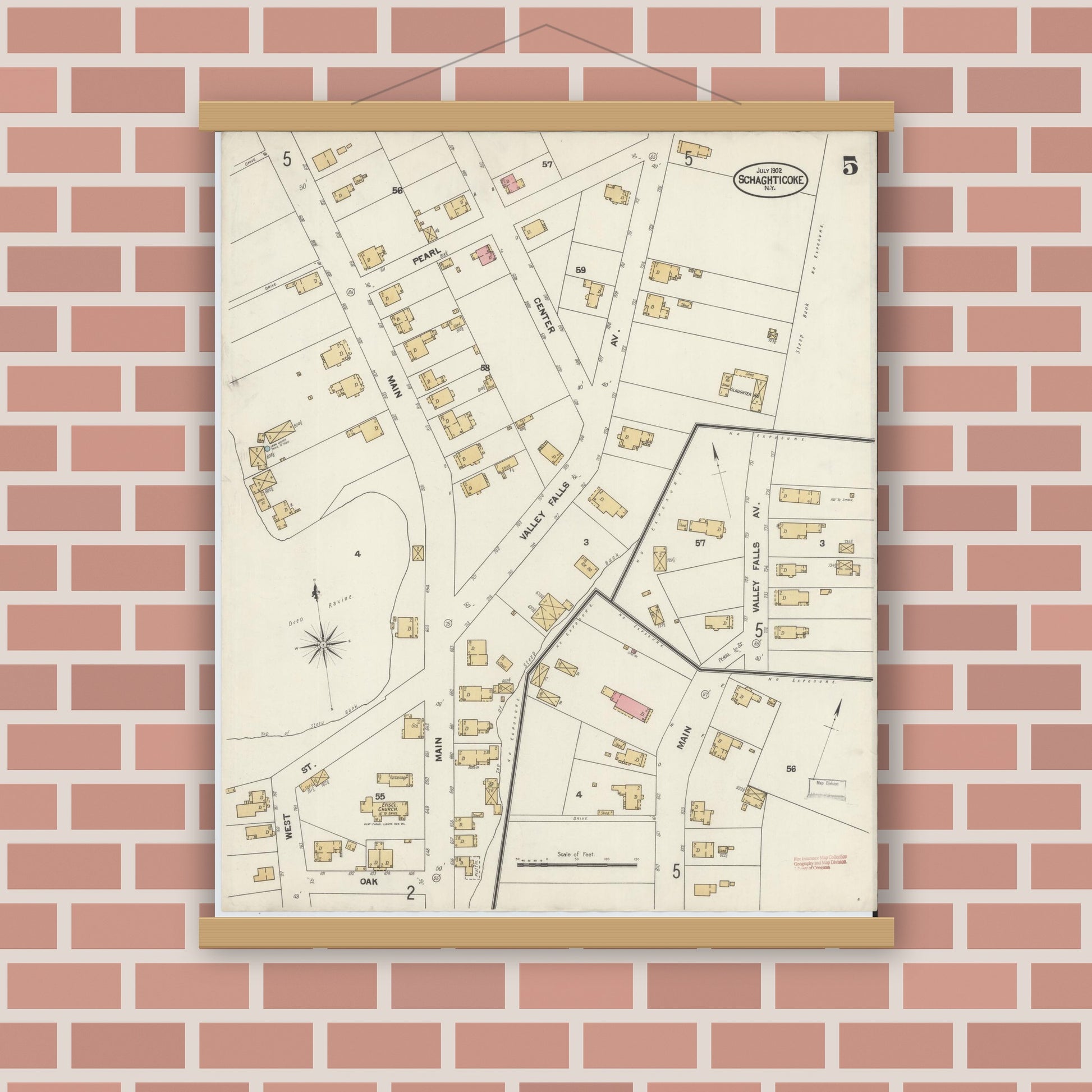 Old map wall art mockup — magnetic wood frame on brick wall — Sanborn Fire Insurance Map from Schaghticoke, Rensselaer County, New York (1902), Sheet #0005