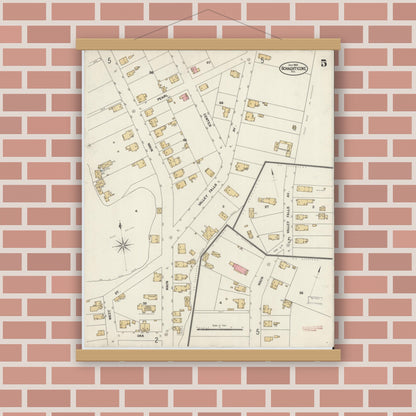 Old map wall art mockup — magnetic wood frame on brick wall — Sanborn Fire Insurance Map from Schaghticoke, Rensselaer County, New York (1902), Sheet #0005