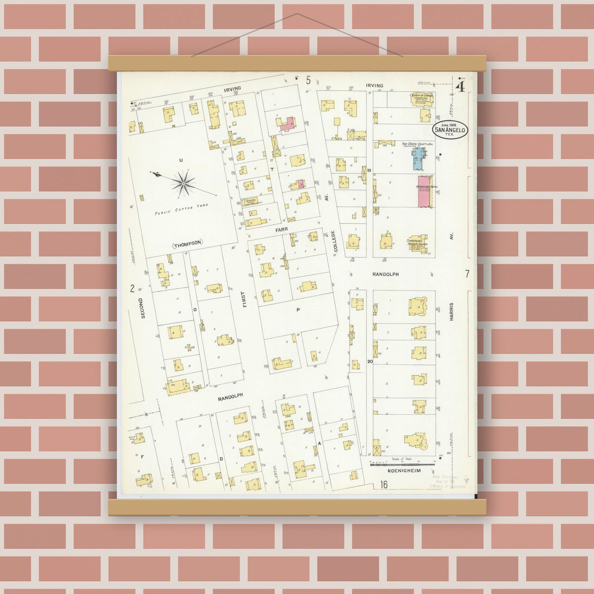 Old map wall art mockup — magnetic wood frame on brick wall — Sanborn Fire Insurance Map from San Angelo, Tom Green County, Texas (1908), Sheet #0004