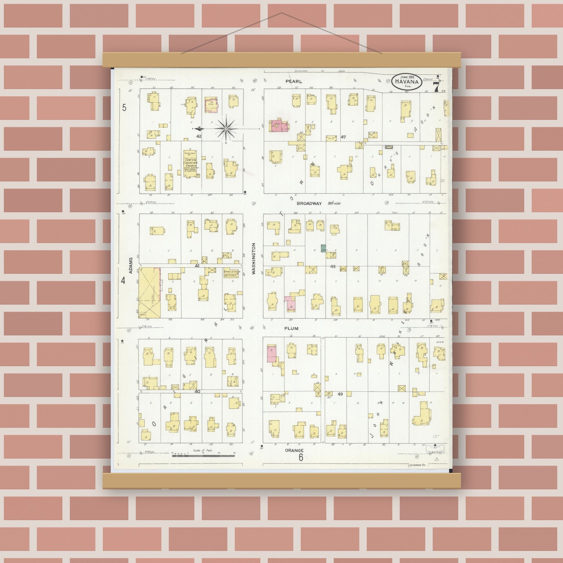 Old map wall art mockup — magnetic wood frame on brick wall — Sanborn Fire Insurance Map from Havana, Mason County, Illinois (1909), Sheet #0007