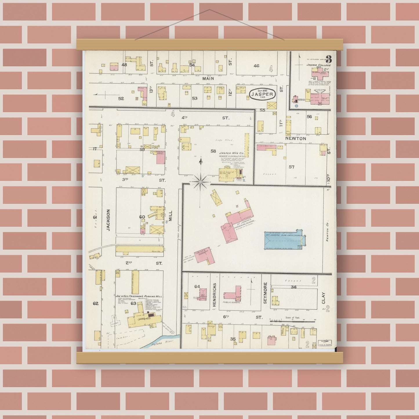 Old map wall art mockup — magnetic wood frame on brick wall — Sanborn Fire Insurance Map from Jasper, Dubois County, Indiana (1892), Sheet #0003