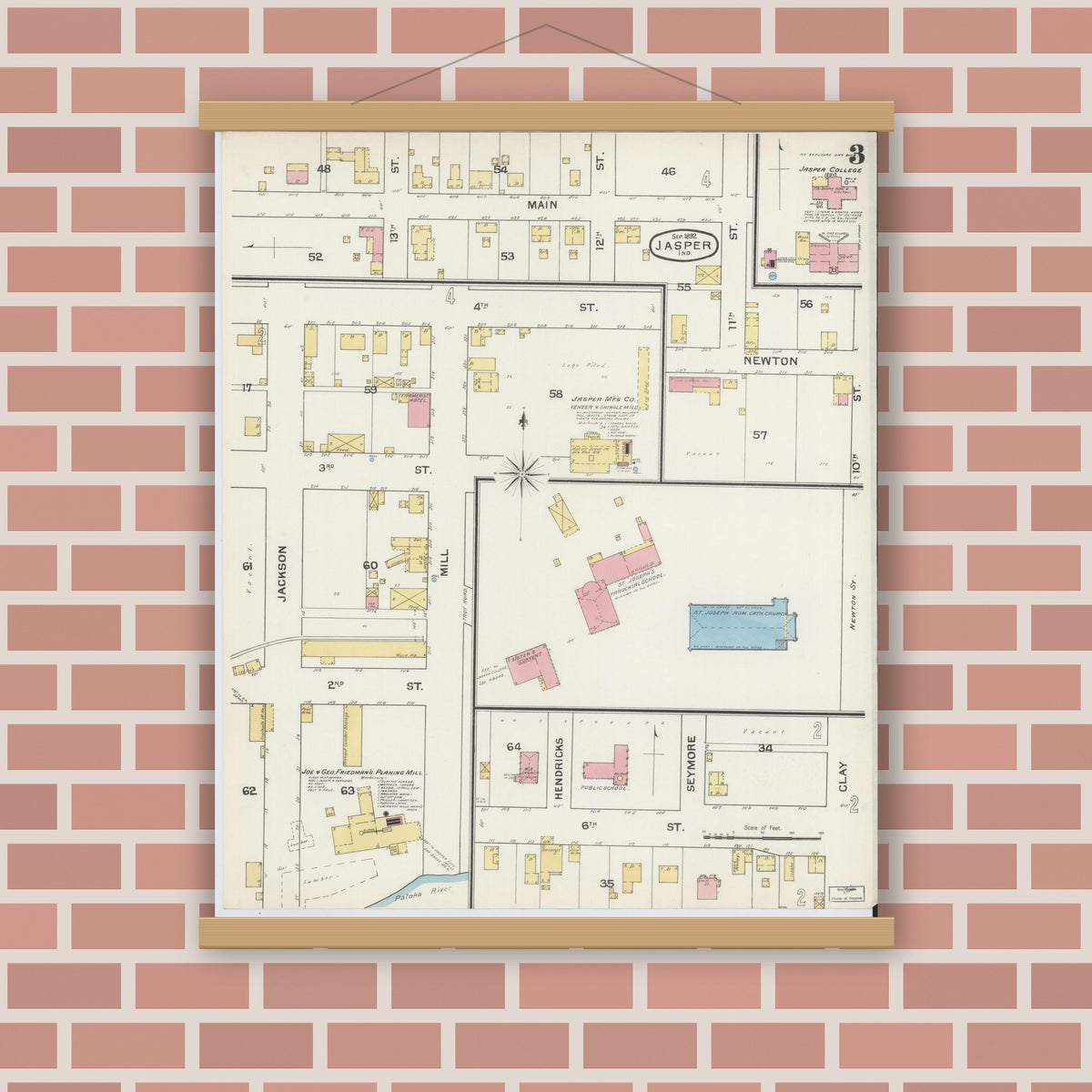 Old map wall art mockup — magnetic wood frame on brick wall — Sanborn Fire Insurance Map from Jasper, Dubois County, Indiana (1892), Sheet #0003