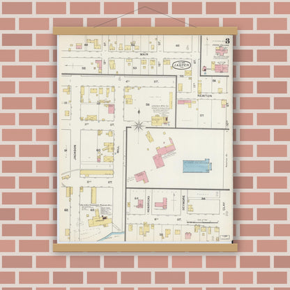 Old map wall art mockup — magnetic wood frame on brick wall — Sanborn Fire Insurance Map from Jasper, Dubois County, Indiana (1892), Sheet #0003