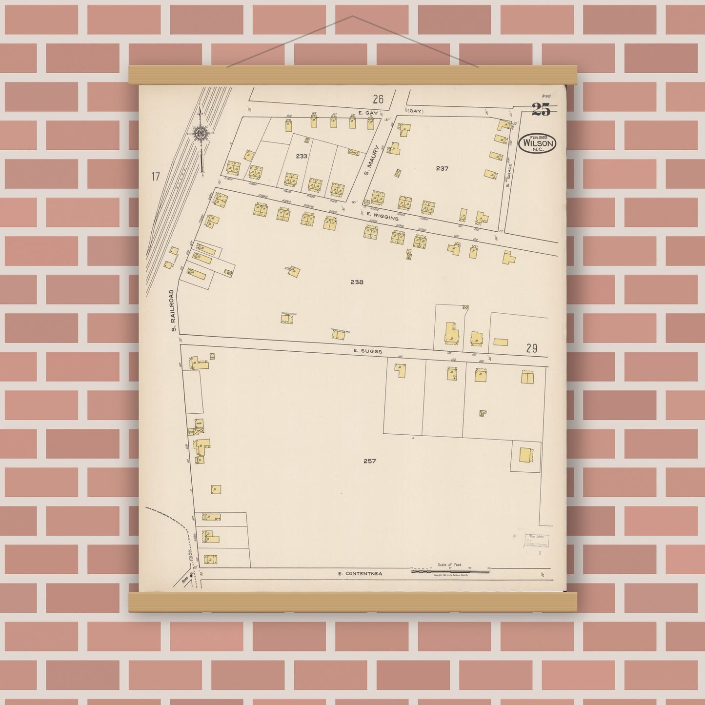 Old map wall art mockup — magnetic wood frame on brick wall — Sanborn Fire Insurance Map from Wilson, Wilson County, North Carolina (1922), Sheet #0025