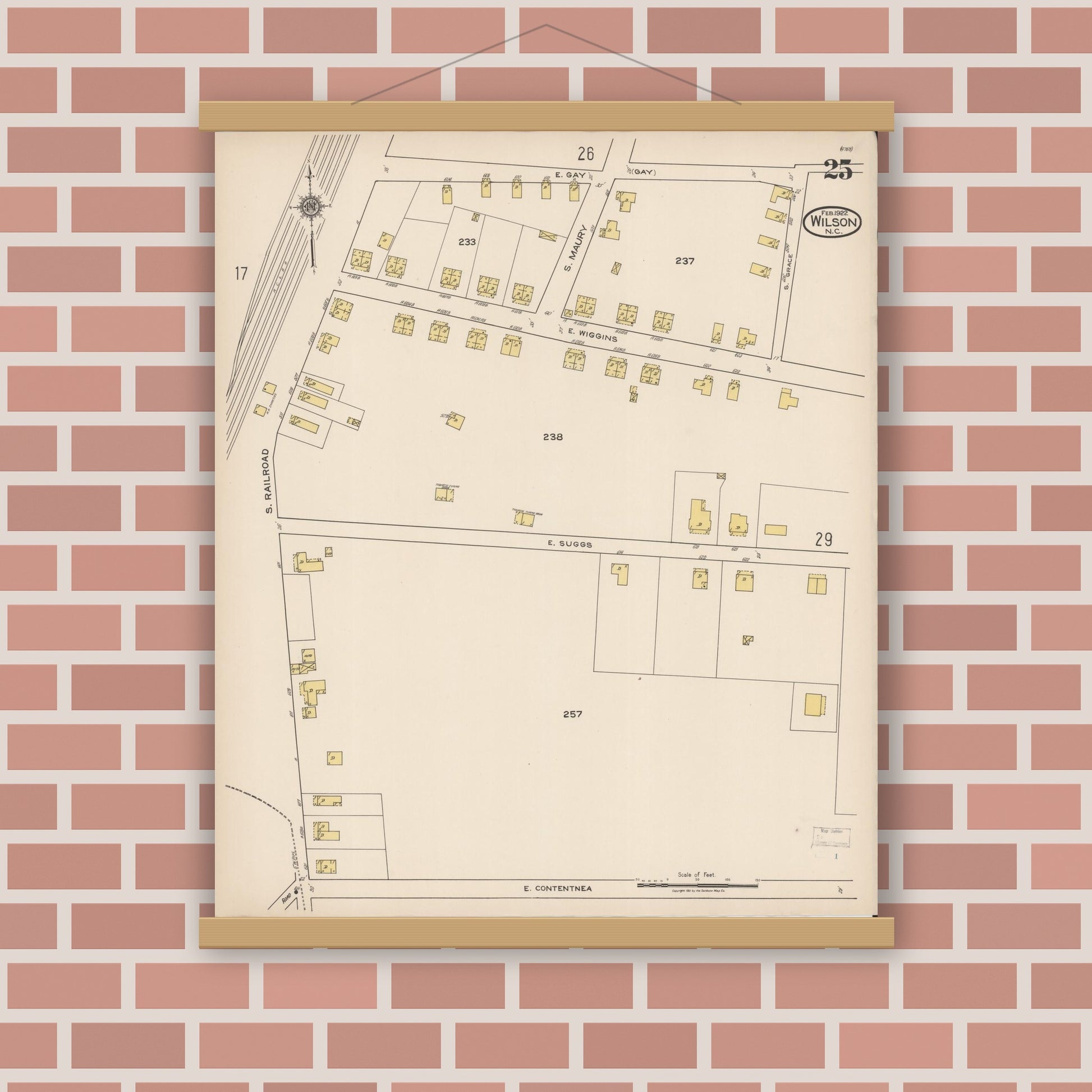 Old map wall art mockup — magnetic wood frame on brick wall — Sanborn Fire Insurance Map from Wilson, Wilson County, North Carolina (1922), Sheet #0025