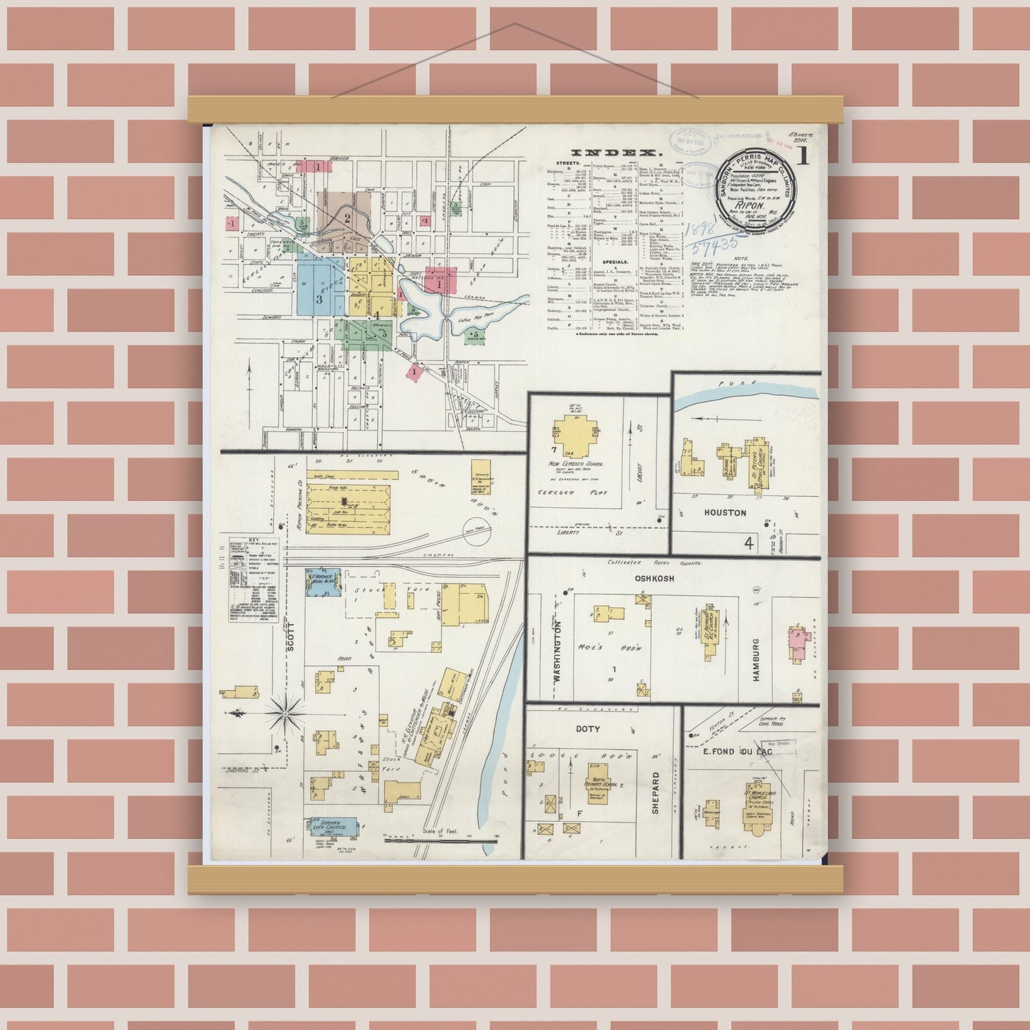 Old map wall art mockup — magnetic wood frame on brick wall — Sanborn Fire Insurance Map from Ripon, Fond du Lac County, Wisconsin (1898), Sheet #0001