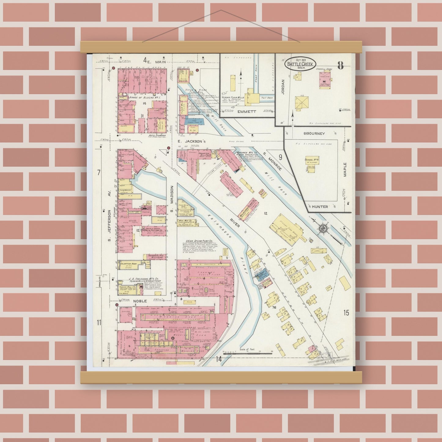 Old map wall art mockup — magnetic wood frame on brick wall — Sanborn Fire Insurance Map from Battle Creek, Calhoun County, Michigan (1913), Sheet #0008