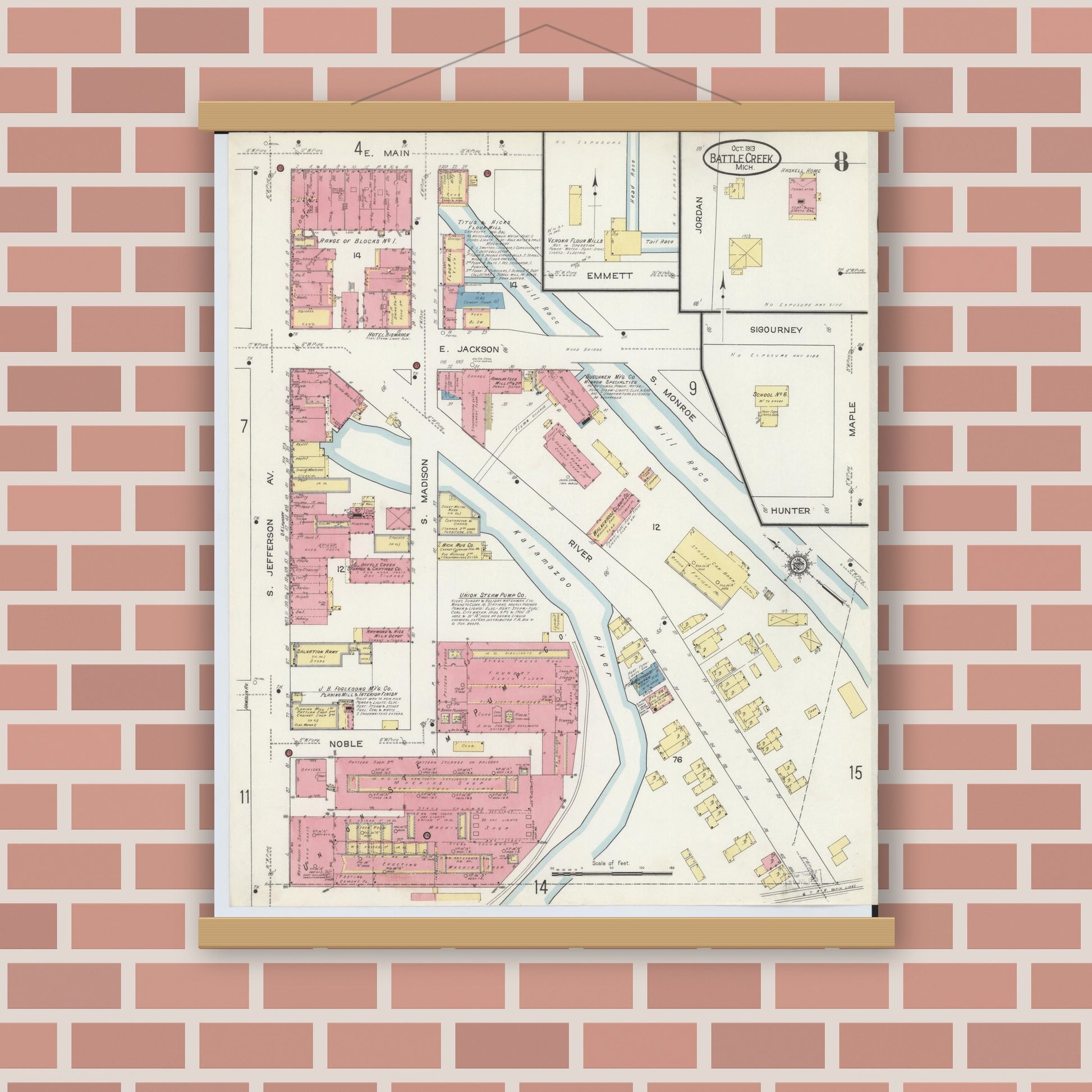 Old map wall art mockup — magnetic wood frame on brick wall — Sanborn Fire Insurance Map from Battle Creek, Calhoun County, Michigan (1913), Sheet #0008