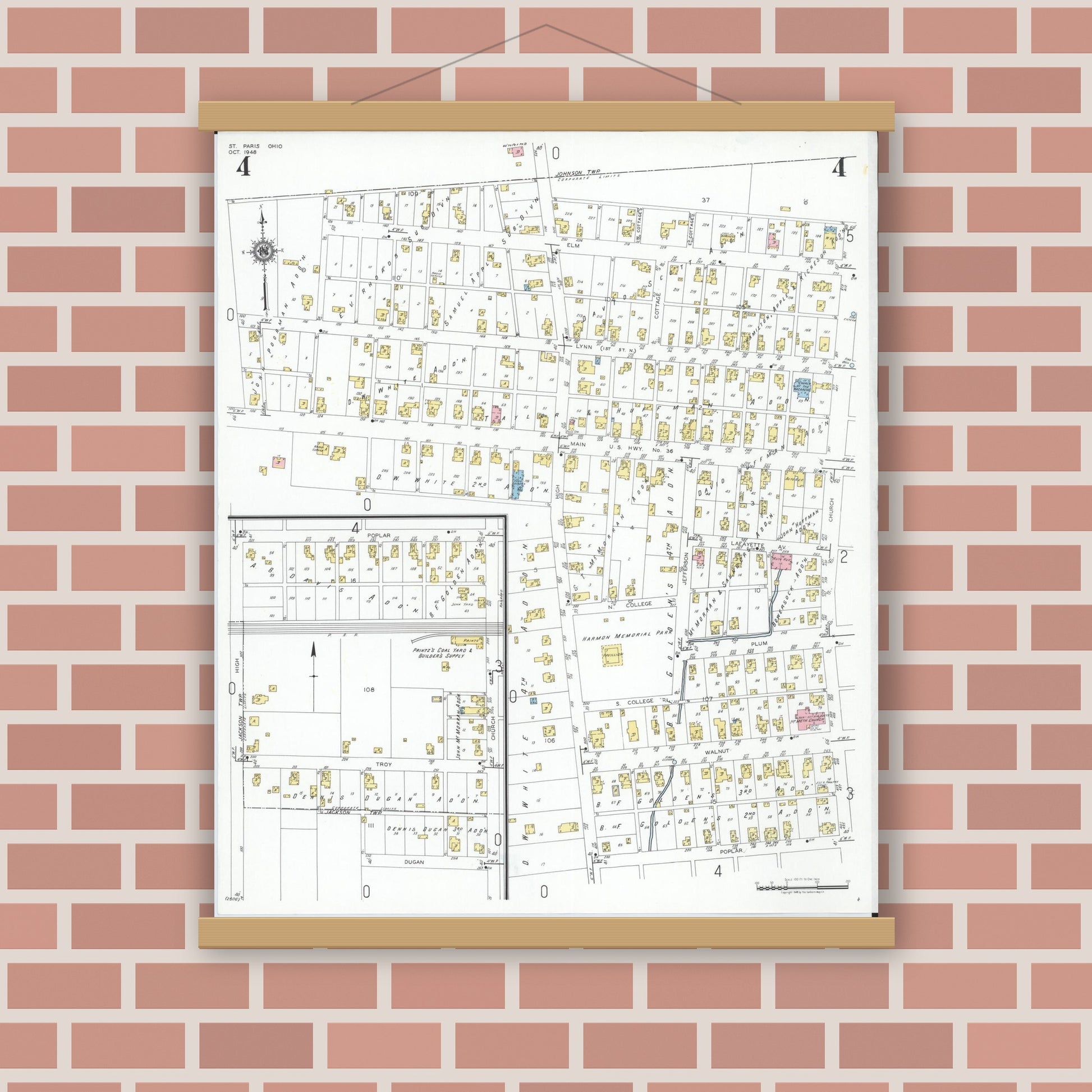 Old map wall art mockup — magnetic wood frame on brick wall — Sanborn Fire Insurance Map from Saint Paris, Champaign County, Ohio (1948), Sheet #0004