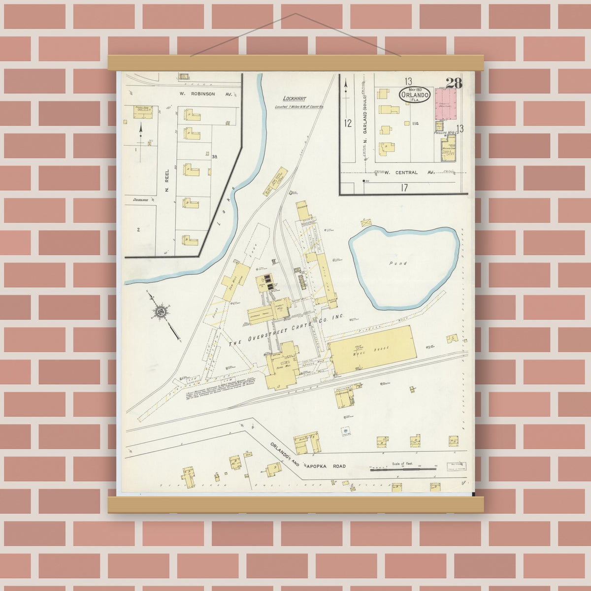 Old map wall art mockup — magnetic wood frame on brick wall — Sanborn Fire Insurance Map from Orlando, Orange County, Florida (1913), Sheet #0028