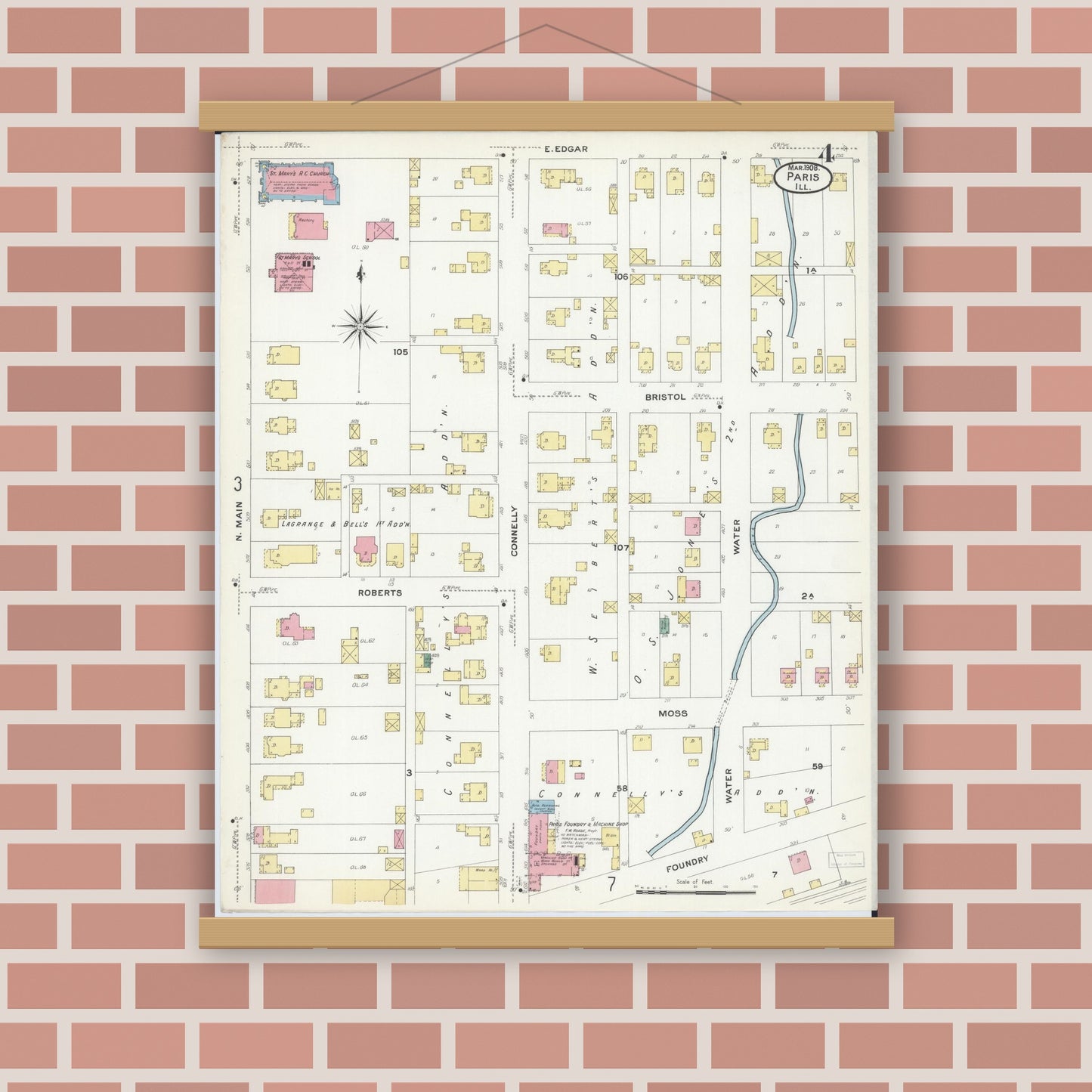 Old map wall art mockup — magnetic wood frame on brick wall — Sanborn Fire Insurance Map from Paris, Edgar County, Illinois (1908), Sheet #0004