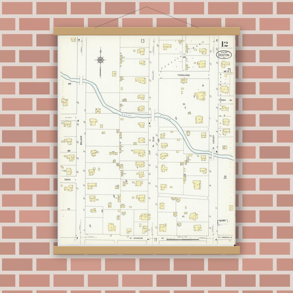 Old map wall art mockup — magnetic wood frame on brick wall — Sanborn Fire Insurance Map from Denton, Denton County, Texas (1912), Sheet #0012