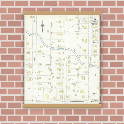 Old map wall art mockup — magnetic wood frame on brick wall — Sanborn Fire Insurance Map from Denton, Denton County, Texas (1912), Sheet #0012