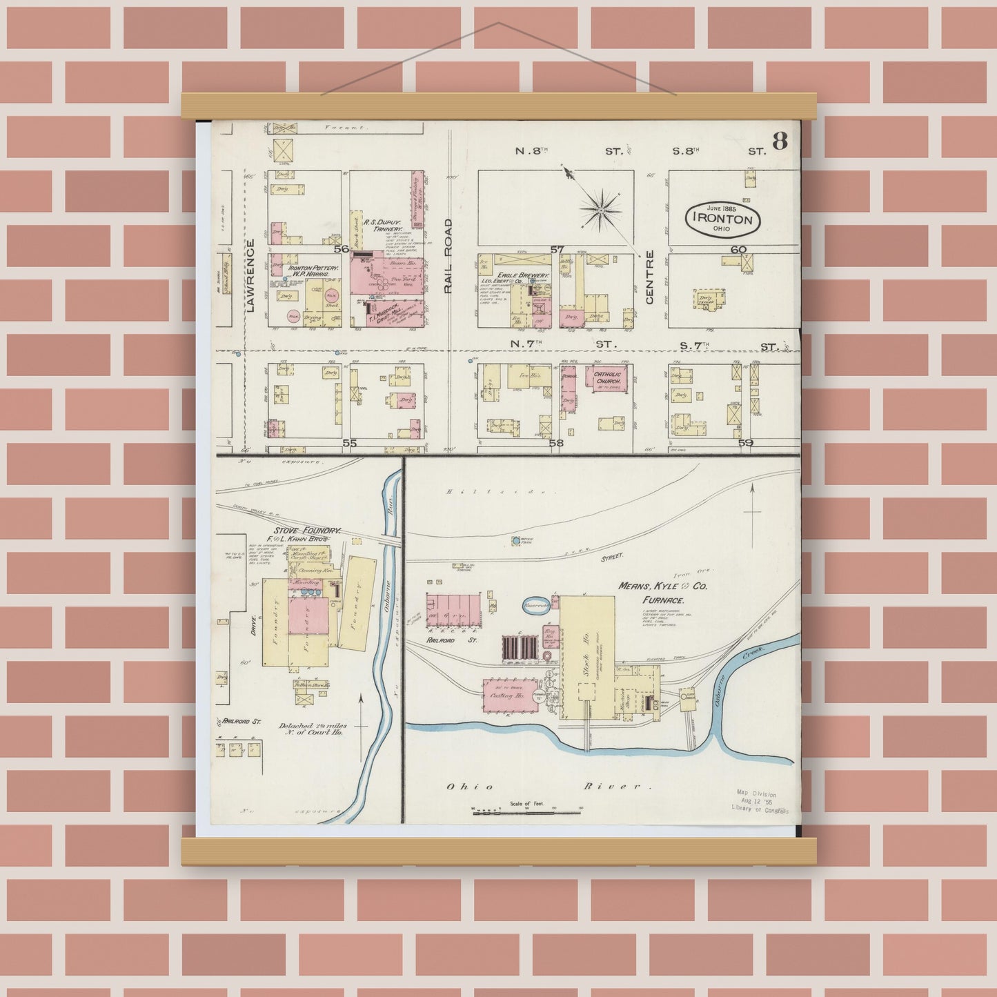 Old map wall art mockup — magnetic wood frame on brick wall — Sanborn Fire Insurance Map from Ironton, Lawrence County, Ohio (1885), Sheet #0008