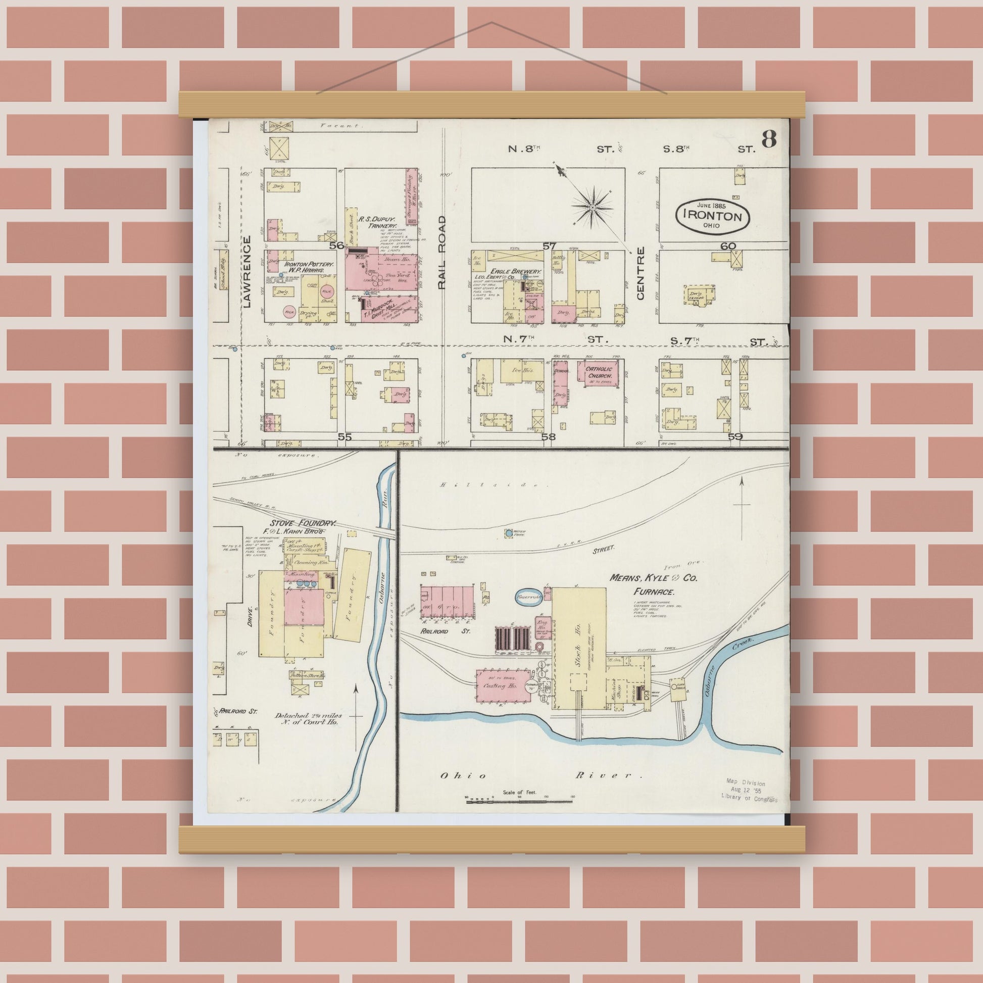 Old map wall art mockup — magnetic wood frame on brick wall — Sanborn Fire Insurance Map from Ironton, Lawrence County, Ohio (1885), Sheet #0008