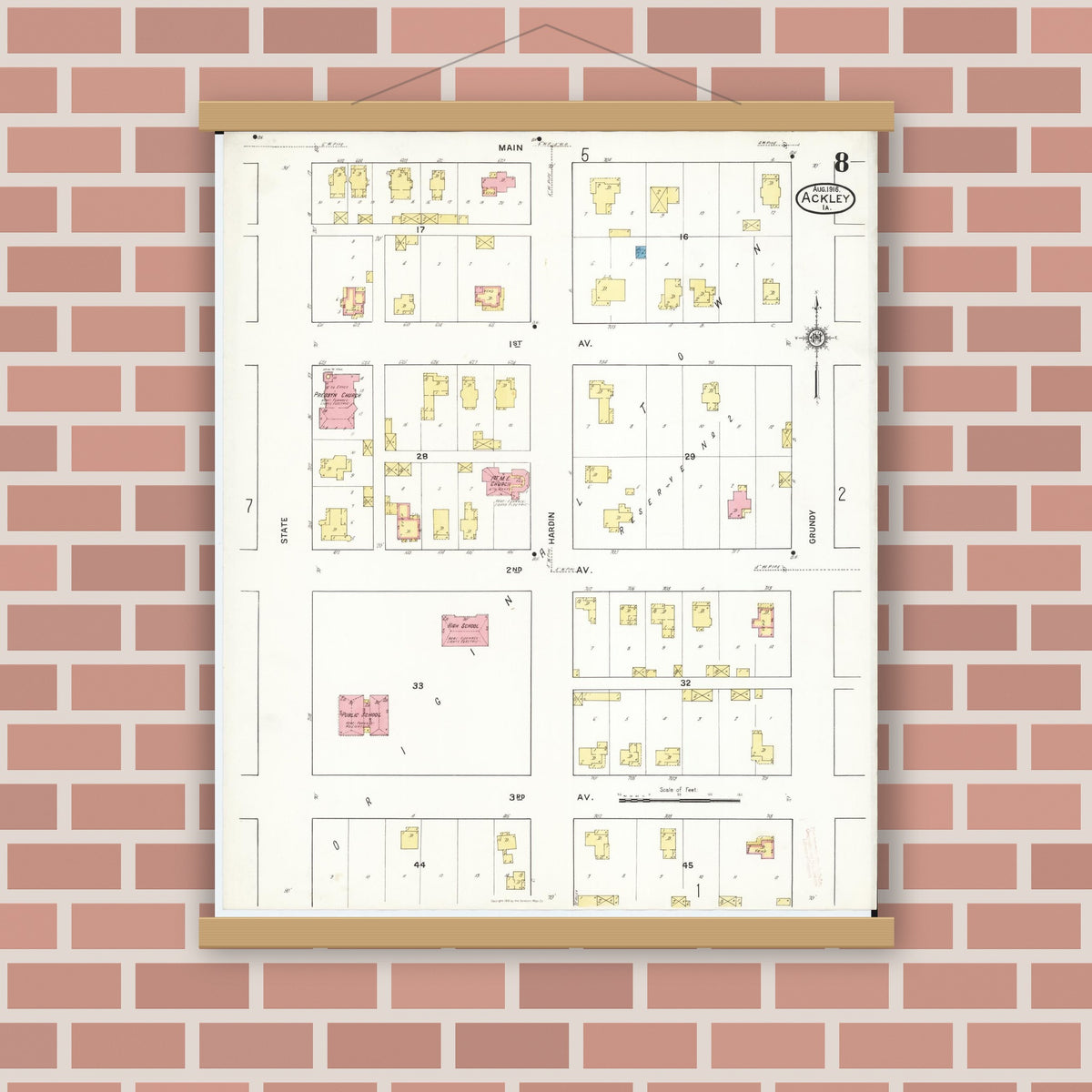 Old map wall art mockup — magnetic wood frame on brick wall — Sanborn Fire Insurance Map from Ackley, Hardin and Franklin Counties, Iowa (1916), Sheet #0008