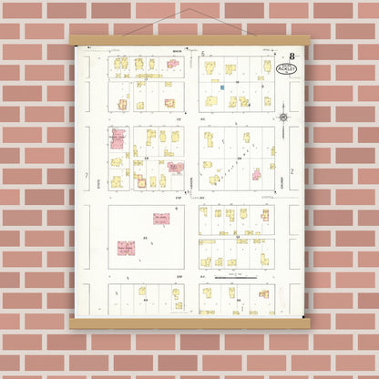 Old map wall art mockup — magnetic wood frame on brick wall — Sanborn Fire Insurance Map from Ackley, Hardin and Franklin Counties, Iowa (1916), Sheet #0008