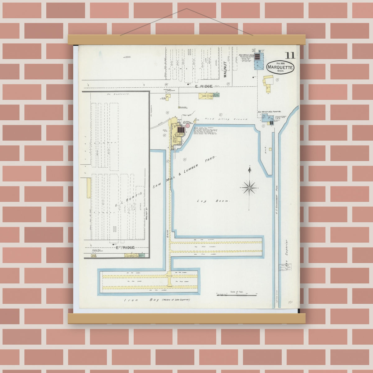 Old map wall art mockup — magnetic wood frame on brick wall — Sanborn Fire Insurance Map from Marquette, Marquette County, Michigan (1892), Sheet #0011