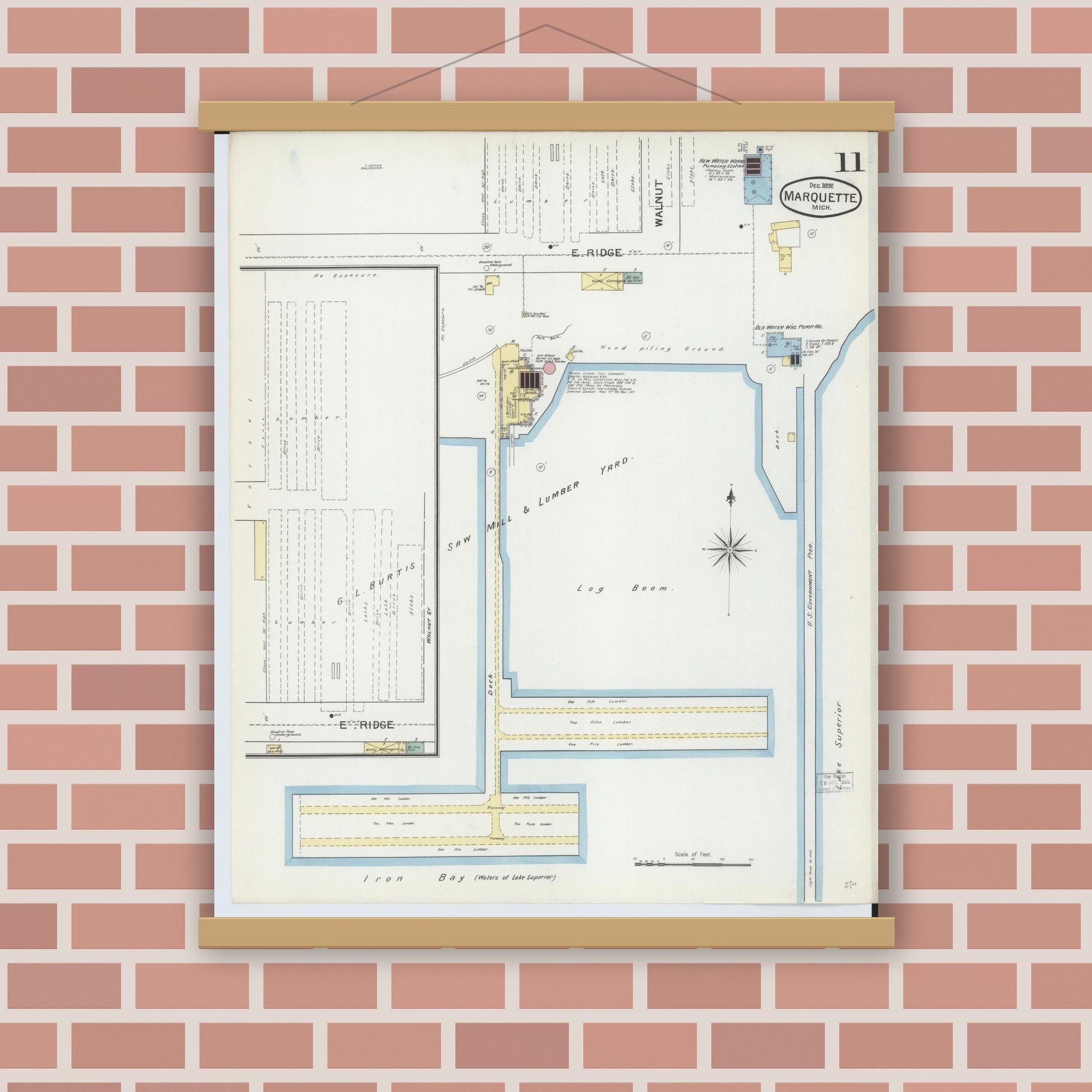 Old map wall art mockup — magnetic wood frame on brick wall — Sanborn Fire Insurance Map from Marquette, Marquette County, Michigan (1892), Sheet #0011