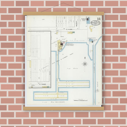 Old map wall art mockup — magnetic wood frame on brick wall — Sanborn Fire Insurance Map from Marquette, Marquette County, Michigan (1892), Sheet #0011