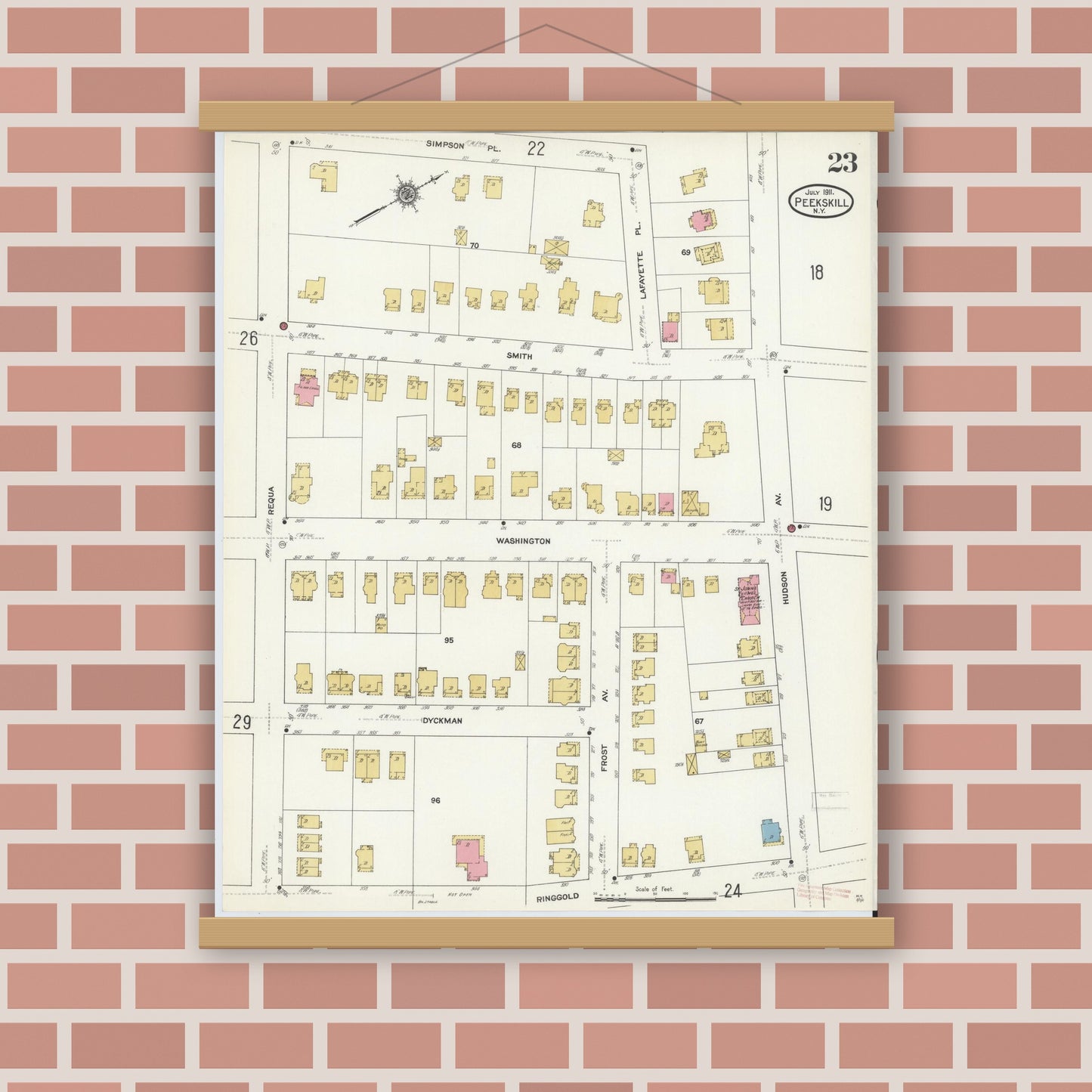 Old map wall art mockup — magnetic wood frame on brick wall — Sanborn Fire Insurance Map from Peekskill, Westchester County, New York (1911), Sheet #0023