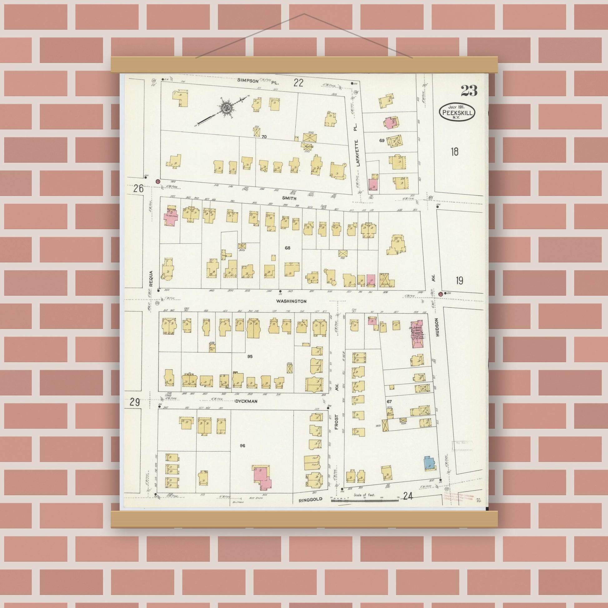 Old map wall art mockup — magnetic wood frame on brick wall — Sanborn Fire Insurance Map from Peekskill, Westchester County, New York (1911), Sheet #0023
