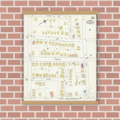 Old map wall art mockup — magnetic wood frame on brick wall — Sanborn Fire Insurance Map from Peekskill, Westchester County, New York (1911), Sheet #0023