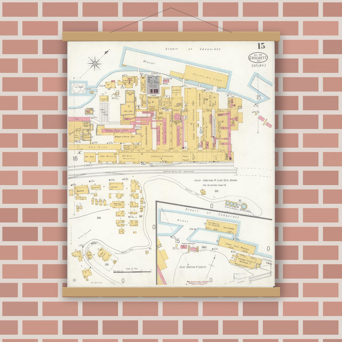 Old map wall art mockup — magnetic wood frame on brick wall — Sanborn Fire Insurance Map from Crockett, Contra Costa County, California (1906), Sheet #0015