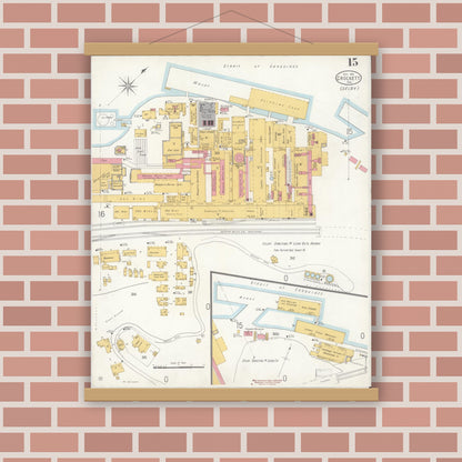 Old map wall art mockup — magnetic wood frame on brick wall — Sanborn Fire Insurance Map from Crockett, Contra Costa County, California (1906), Sheet #0015